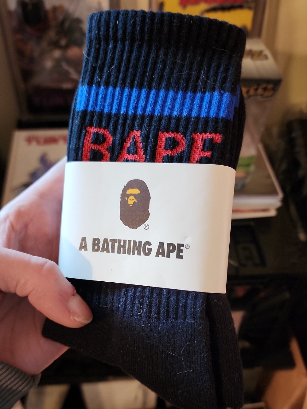 Bape Black Crew Socks with Blue Stripe and Red Logo Text